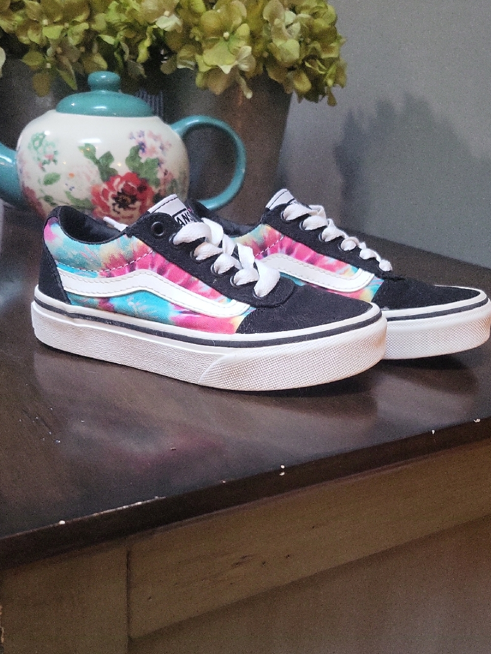 Vans Kids Black Sneakers with Pink & Teal Tie-Dye Panels